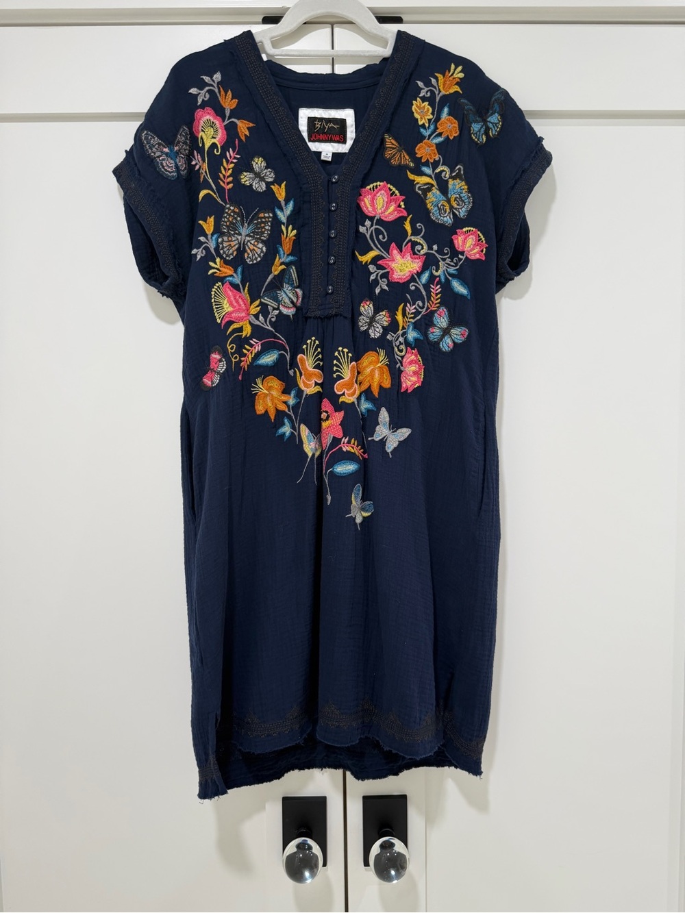 Johnny Was Biya Navy Embroidered Butterfly Floral Tunic Dress Medium - Picture 2 of 13